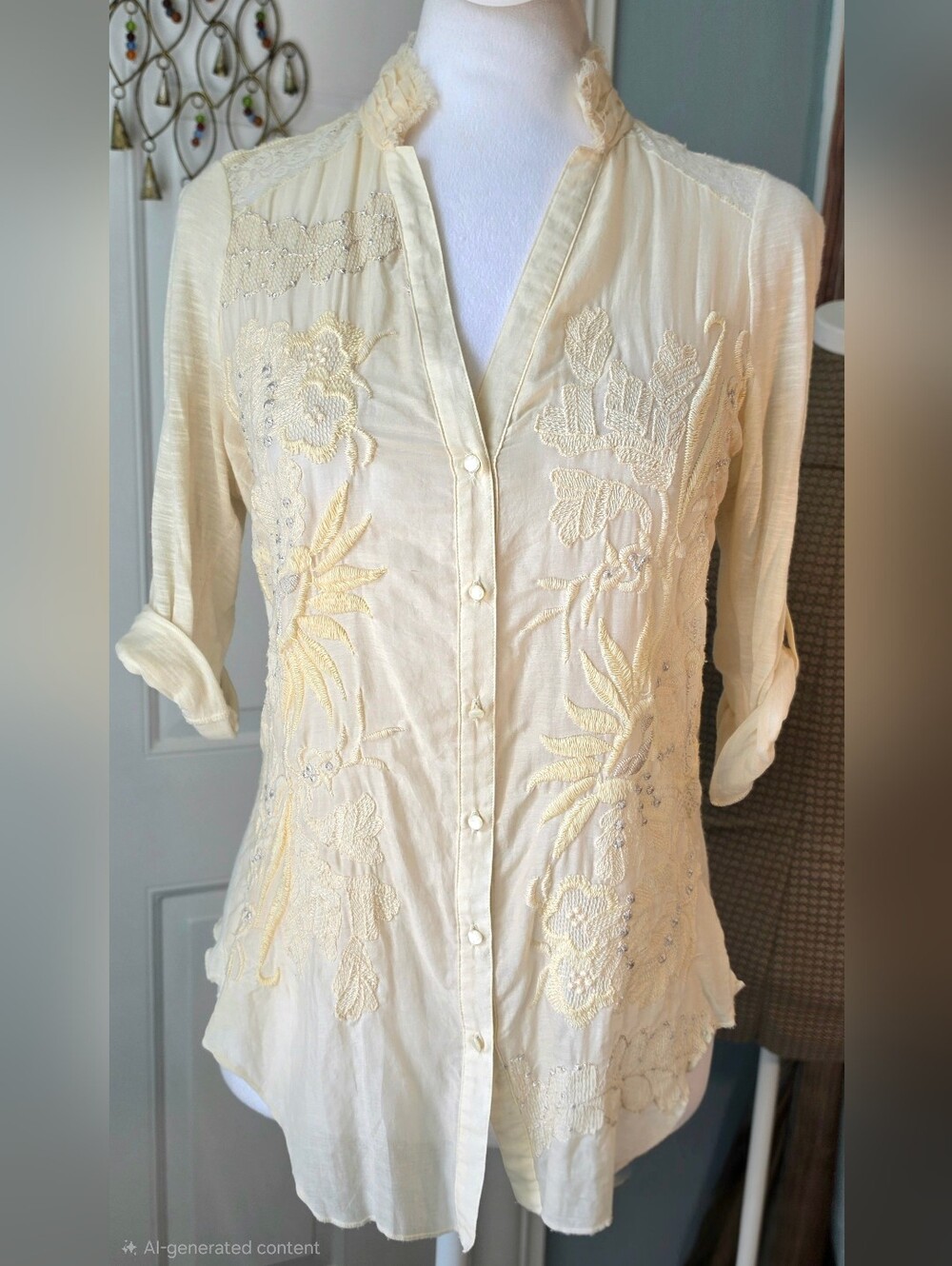 Tiny X Anthropologie Floral Embroidered Button-Down Blouse Womens S Cream Silver